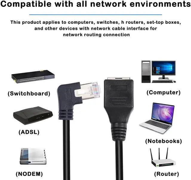 Alt view image 4 of 7 - 50CM Right Angle 90 Degree RJ45 Ethernet Extension Cable, Cat5 Right Bend Male to Female LAN Patch Cord for Router, Modem, Smart TV, PC, Laptop - Black