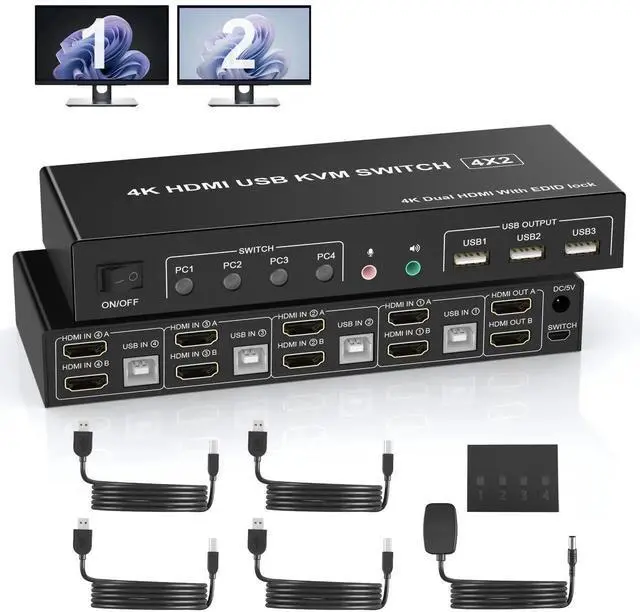Main image of 4 Port HDMI Dual Monitor KVM Switch 4K@60Hz, 4 Computers 2 Monitors KVM Switcher with EDID Function, Audio Microphone Jack and 3 USB 2.0 Ports, Keyboard Mouse Switcher for PC Desktop Laptop