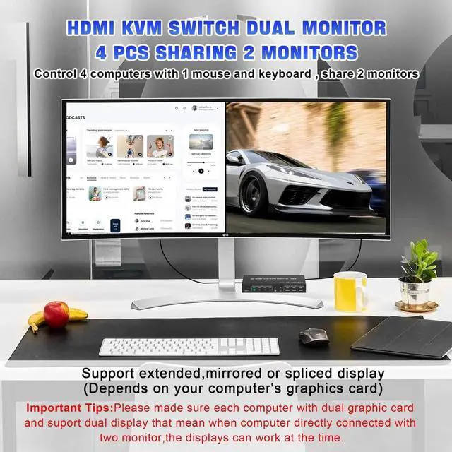 Alt view image 5 of 7 - 4 Port HDMI Dual Monitor KVM Switch 4K@60Hz, 4 Computers 2 Monitors KVM Switcher with EDID Function, Audio Microphone Jack and 3 USB 2.0 Ports, Keyboard Mouse Switcher for PC Desktop Laptop