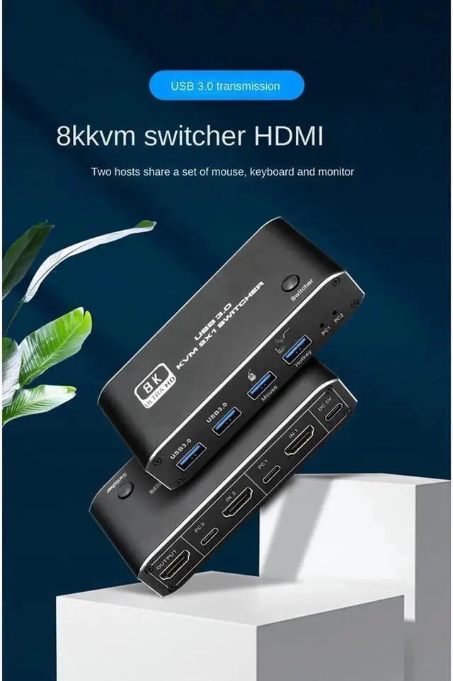 Alt view image 6 of 7 - 8K HDMI 2.1 KVM Switch 2 Computers 1 Monitor, 2x1 HDMI KVM Switch with 4 USB 3.0 Ports, Support 8K@60Hz 4K@120Hz YUV 4:4:4 HDCP 2.3 HDR10 Hotkey Control, Dark Black