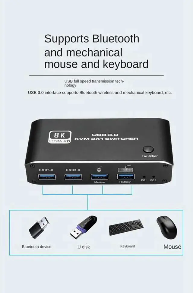 Alt view image 2 of 7 - 8K HDMI 2.1 KVM Switch 2 Computers 1 Monitor, 2x1 HDMI KVM Switch with 4 USB 3.0 Ports, Support 8K@60Hz 4K@120Hz YUV 4:4:4 HDCP 2.3 HDR10 Hotkey Control, Dark Black