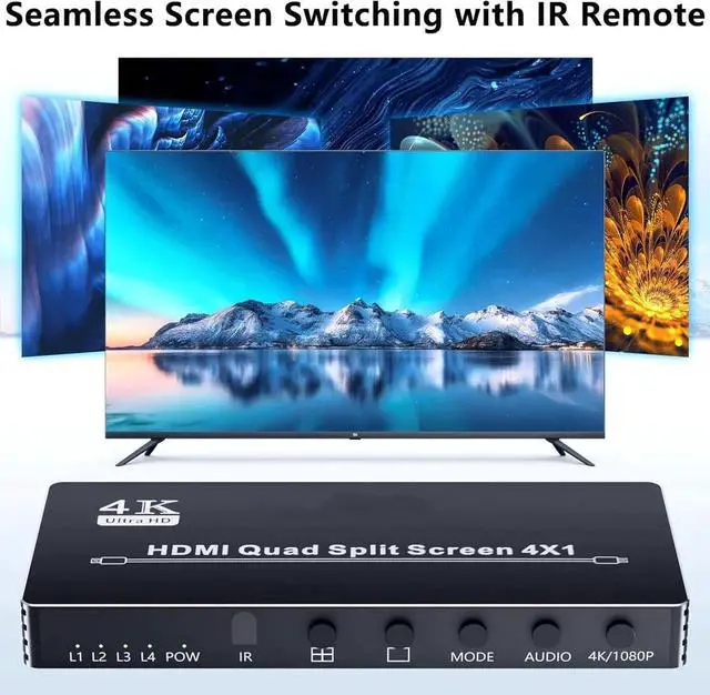 Alt view image 7 of 7 - 4X1 HDMI Quad Multi-Viewer, 4 in 1 Out Seamless Switcher with IR Remote Control, Support 4K@30Hz and 5 Display Modes, Suitable for Security Camera and Gaming Consoles