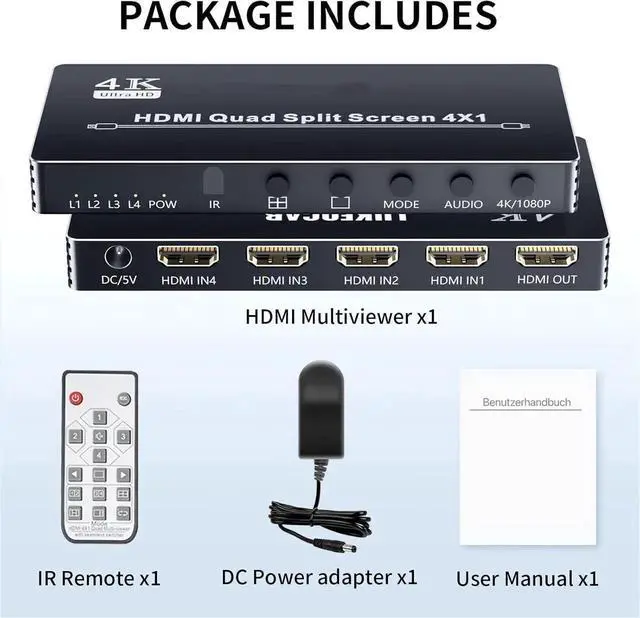 Alt view image 2 of 7 - 4X1 HDMI Quad Multi-Viewer, 4 in 1 Out Seamless Switcher with IR Remote Control, Support 4K@30Hz and 5 Display Modes, Suitable for Security Camera and Gaming Consoles
