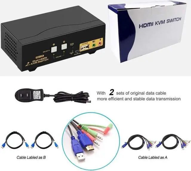 Alt view image 5 of 7 - 2 Port Dual Monitor HDMI KVM Switch 4K@30Hz, DEPZOL Extended Display KVM Selector Box with Audio Microphone Output and USB 2.0 Hub, Dual View for 2 Computers Laptop Share Monitor Keyboard Mouse