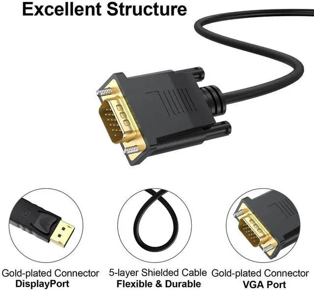 Alt view image 2 of 7 - 2-Pack 6 Ft DisplayPort to VGA Cable, Male to Male DP to VGA HD Video Adapter Cord, 1080P Compatible with Computer Monitor TV Projector