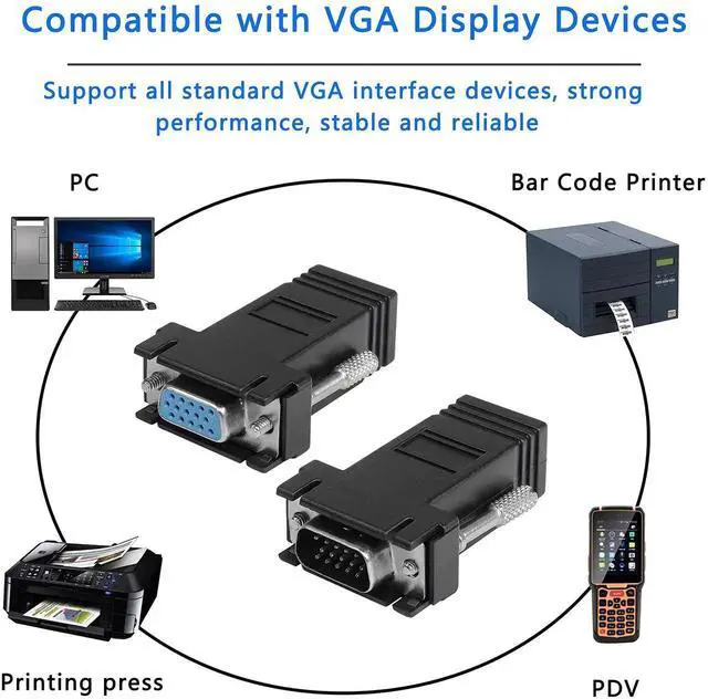 Alt view image 7 of 7 - 2-Pack VGA Over Ethernet Extender Adapter, 15-Pin VGA Male Female to RJ45 Female Signal Extender, VGA Transmission Over CAT5 CAT6 Network Cable