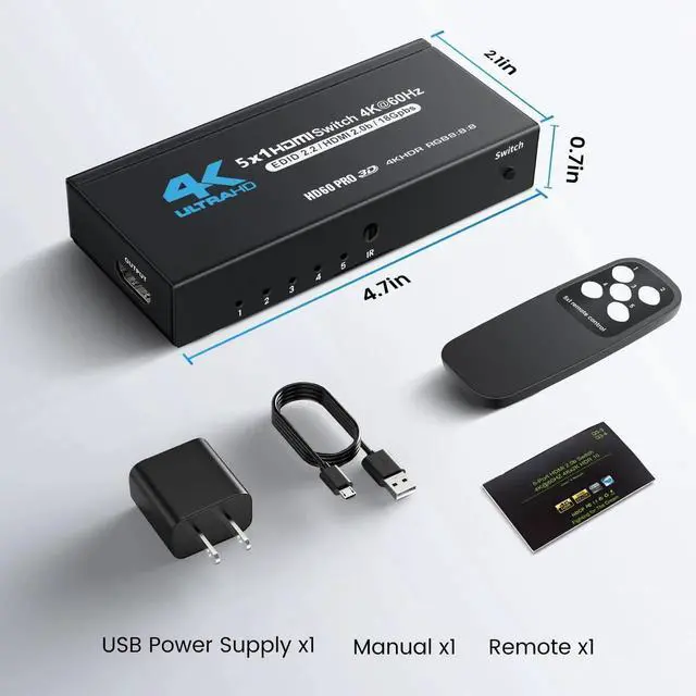 Alt view image 3 of 6 - 5 in 1 Out HDMI 2.0 Switch 4K@60Hz, 5 Port HDMI Switcher Selector with IR Remote, Support Dolby Vision Atmos HDR10, Compatible with Switch Xbox PS5 PS4 Roku Fire Stick
