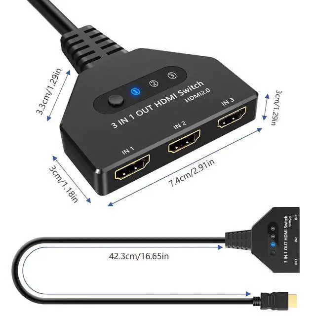 Alt view image 5 of 7 - 3 in 1 Out 4K@60Hz HDMI Switch, 3-Port HDMI Selector Switcher with Pigtail Cable, Support 3D HDCP2.2 HDR, Compatible with Laptop Xbox Blu-Ray Player