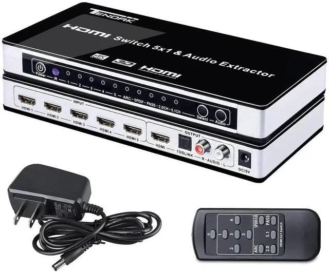 Main image of 5 Port HDMI Switch with Audio Extractor, 4K HDMI Switcher Box with Optical Toslink SPDIF + L/R 3.5mm Stereo Audio Adapter, IR Remote & ARC Supported for PS4 Roku HDTV