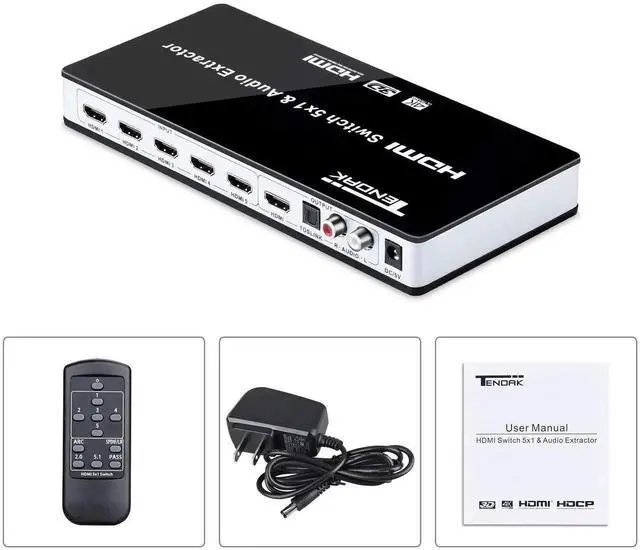 Alt view image 2 of 7 - 5 Port HDMI Switch with Audio Extractor, 4K HDMI Switcher Box with Optical Toslink SPDIF + L/R 3.5mm Stereo Audio Adapter, IR Remote & ARC Supported for PS4 Roku HDTV