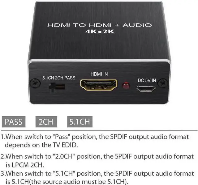 Alt view image 4 of 7 - HDMI Audio Extractor Converter, 4K 3D HDMI to Optical Toslink SPDIF + 3.5mm Stereo Audio Splitter Adapter with 1M HDMI 1.4 Cable