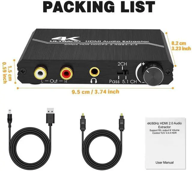 Alt view image 3 of 7 - 4K HDMI Audio Extractor with Volume Control, HDMI to Optical SPDIF + 3.5mm Stereo + RCA L/R Audio Converter, Support 4K@60Hz HDCP 2.2 HDR 3D YUV 4:4:4