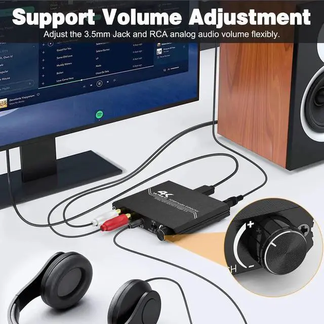 Alt view image 6 of 7 - 4K HDMI Audio Extractor with Volume Control, HDMI to Optical SPDIF + 3.5mm Stereo + RCA L/R Audio Converter, Support 4K@60Hz HDCP 2.2 HDR 3D YUV 4:4:4