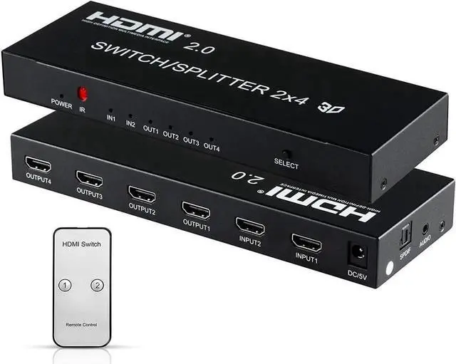 Main image of MOYOON 2 in 4 Out HDMI Switch Splitter 4K@60Hz, HDMI 2.0 Audio Extractor with Remote, SPDIF Optical & 3.5mm AUX, HDCP 2.2 3D Compatible with PS5 Xbox Blu-Ray Fire Stick HDTV