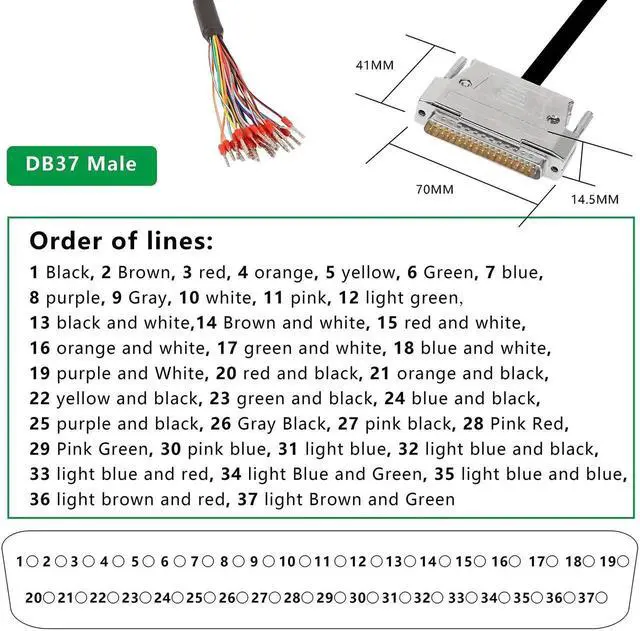 Alt view image 3 of 7 - DB37 Male Solderless Breakout Cable, 37 Pin Serial Extension Adapter Cable with Bare Wire Ends, 1M / 3.2Ft
