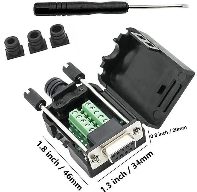Alt view image 2 of 7 - DB9 Female Solderless Breakout Connector, RS232 D-SUB 9 Pin Serial Port Breakout Board with Black Rubber Core, Protective Case, Screwdriver & Long Bolts