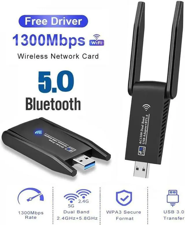 Alt view image 5 of 7 - AC1300 USB 3.0 WiFi Bluetooth 5.0 Adapter, Dual Band 2.4GHz 5.8GHz 802.11ac Wireless Network Dongle with Antenna for Laptop Desktop PC