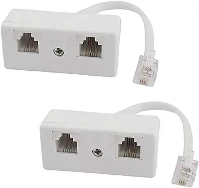 Main image of 2 Pack White RJ11 2 Way Telephone Line Splitter, Female to Male Plastic Adapter Converter Cable for Landline Phone