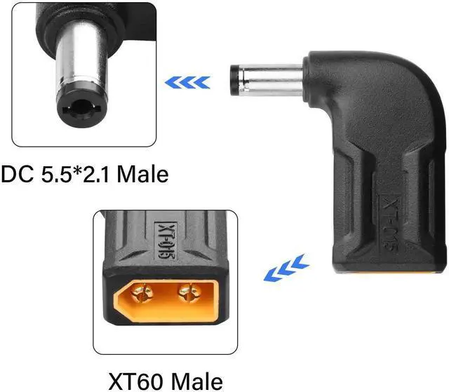 Alt view image 4 of 7 - 2 Pack 90 Degree XT60 Male to DC5521 Male Adapter, 5.5mm x 2.1mm Right Angle Wireless Power Connector for TS100 Soldering Iron, FPV Monitor, Drone XT-015