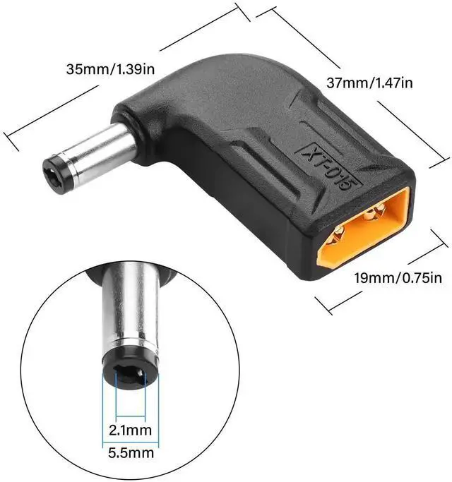 Alt view image 7 of 7 - 2 Pack 90 Degree XT60 Male to DC5521 Male Adapter, 5.5mm x 2.1mm Right Angle Wireless Power Connector for TS100 Soldering Iron, FPV Monitor, Drone XT-015