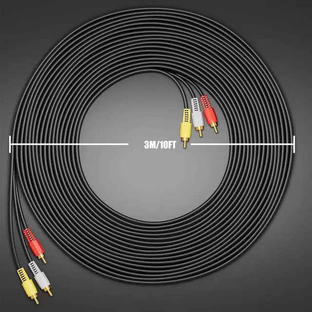 Alt view image 6 of 7 - 10ft 3RCA Male to Male AV Audio Video Cable, 24K Gold Plated RCA Composite Cord for Home Theater Amplifier Stereo System