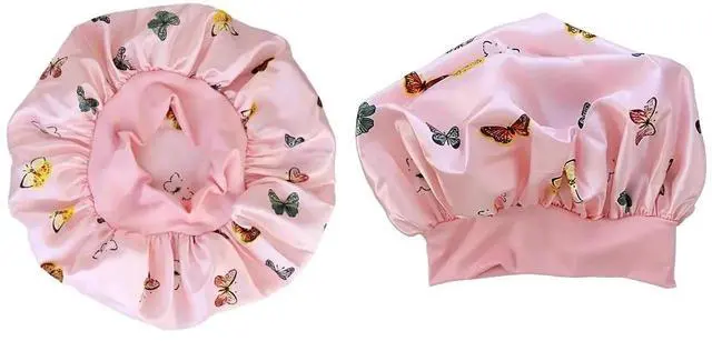 Main image of Wide Band Satin Sleep Bonnet Butterfly Print 58cm High Elastic Soft Night Cap Breathable Hair Bonnet for Curly Hair