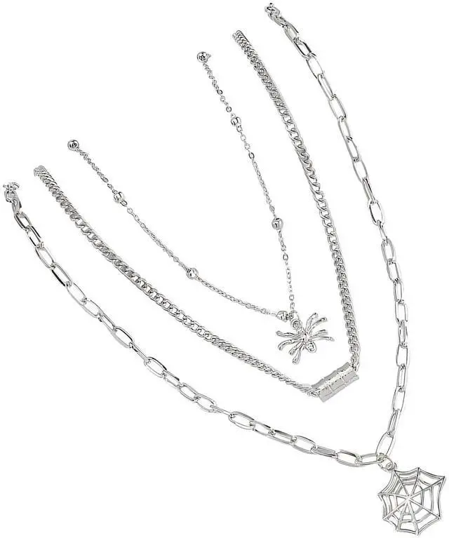 Main image of Silver Spider Web Pendant Necklace for Women, Trendy Layered E-Girl Style Chain Jewelry