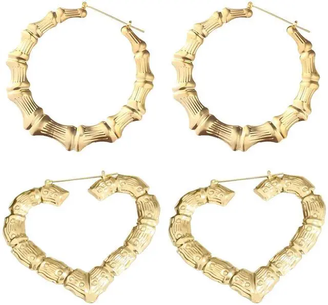 Main image of 2 Pairs Gold Hoop Earrings for Women, 2.6 Inch 6.5cm Heart Design Statement Earrings