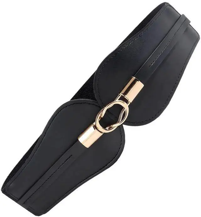 Main image of Women's Stretch Waist Belt with Gold Buckle, 2 Inch 5cm Wide Black Elastic Waist Belt for Dresses