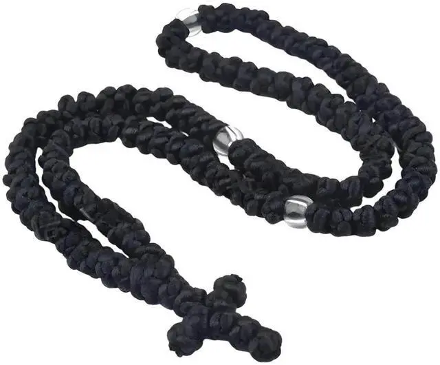 Main image of 2 Pcs 11 Inch 28cm Black Wax Prayer Rope Handmade Orthodox Knots Christian Car Charm with Cross Pendant