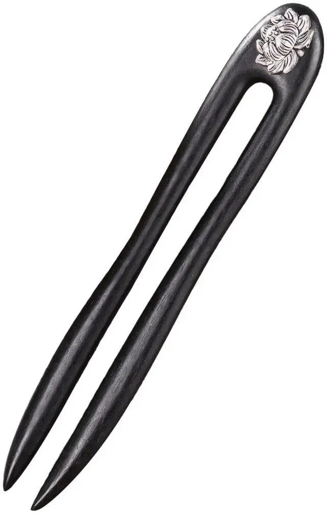 Main image of Black U Shaped Hair Pin with Silver Flower Wooden Hair Stick Classic Hair Accessories for Women Long Hair