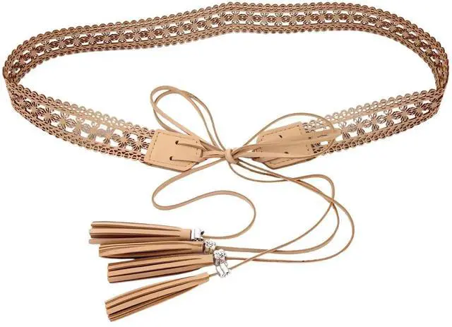 Main image of Women Beige Faux Leather Lace Tassel Belt 175cm Hollow Tie Waist Rope Figure Enhancing Waistband for Dress Sweater Decor
