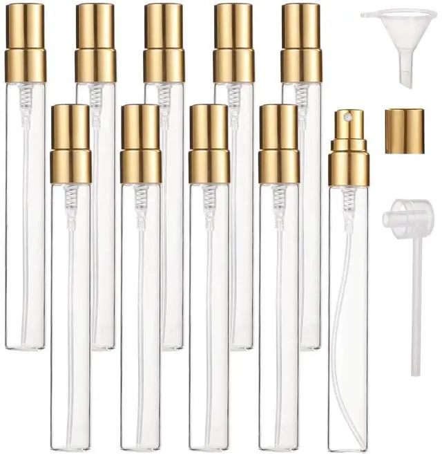 Main image of 10Pcs 10ml Refillable Glass Spray Bottles, Travel Size Empty Vials with Gold Sprayer, Comes with Funnel and Dispenser Tools