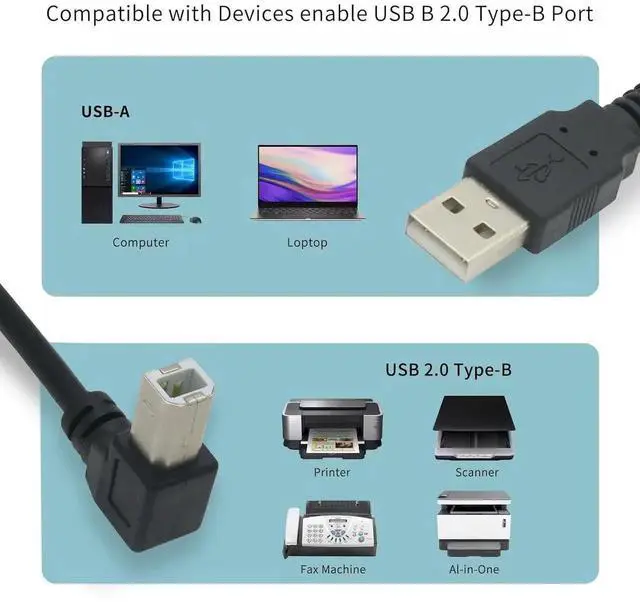 Alt view image 2 of 6 - 19 Inch 90 Degree Up Angle USB 2.0 Printer Cable, Right Angle USB A Male to USB B Male High Speed Scanner Printer Cord, 480Mbps Data Transfer, 1.6Feet