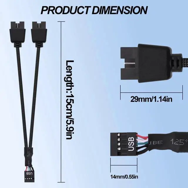 Alt view image 3 of 7 - 15cm Motherboard USB Header Splitter Y Cable, USB 2.0 9Pin Female to Dual 9Pin Male 1 to 2 Converter Extension Cord Adapter for PC Motherboard, 2 Pack