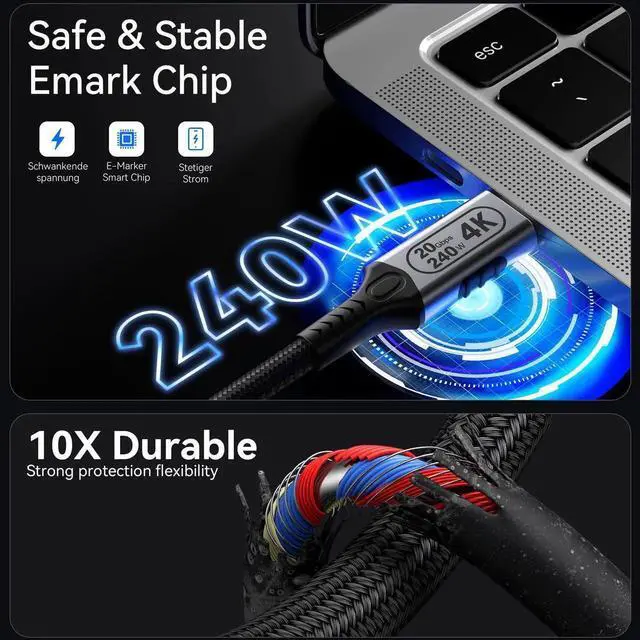 Alt view image 2 of 7 - 3.3FT USB C to USB C Cable, USB 3.2 Gen 2 20Gbps High Speed Cord, 240W PD Fast Charging, 4K@60Hz UHD Video Output, Type C Monitor Data Charging Cable