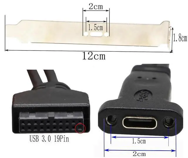 Alt view image 2 of 7 - 50cm USB 3.0 19 Pin to USB-C Front Panel Header Cable, 19Pin Female to Type-C Female Panel Mount Extension Cord for PC Chassis