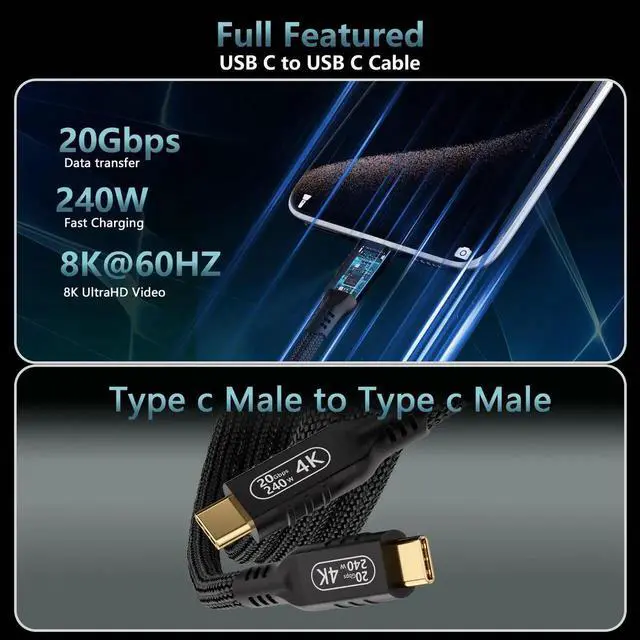 Alt view image 2 of 7 - 6.6ft/2M USB-C 3.2 Gen 2 Nylon Cable, 20Gbps Data Transfer, 240W Fast Charging, 4K Video Output Type-C Cord for Monitor, Laptop, Phone