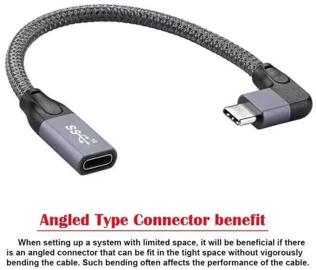 Alt view image 2 of 7 - 20CM Left Right Angled USB 3.1 Type-C Male to Female Extension Cable, Sleeved Reinforced 10Gbps Data Transfer USB-C Extender Cord for Laptop