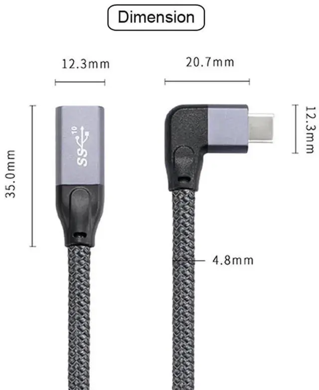 Alt view image 5 of 7 - 20CM Left Right Angled USB 3.1 Type-C Male to Female Extension Cable, Sleeved Reinforced 10Gbps Data Transfer USB-C Extender Cord for Laptop