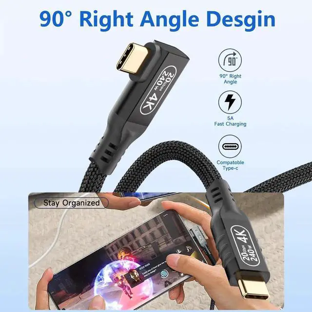 Alt view image 5 of 7 - 6.6ft 90 Degree Right Angle USB-C to USB-C Cable, 240W PD 5A Fast Charging, USB 3.2 Gen2 20Gbps Data Transfer, 4K HDR Video Monitor Cable Compatible with Thunderbolt 3/4