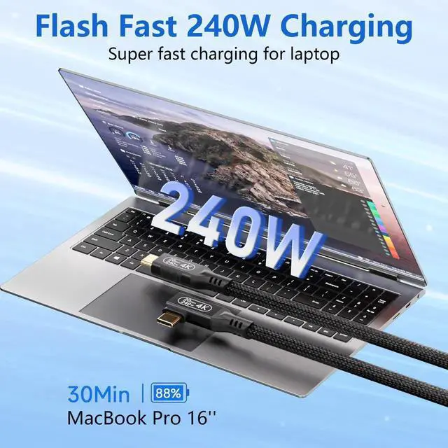 Alt view image 4 of 7 - 6.6ft 90 Degree Right Angle USB-C to USB-C Cable, 240W PD 5A Fast Charging, USB 3.2 Gen2 20Gbps Data Transfer, 4K HDR Video Monitor Cable Compatible with Thunderbolt 3/4