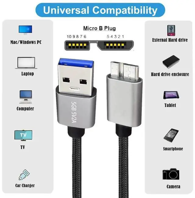 Alt view image 7 of 7 - USB 3.0 Type-A Male to Micro B Male Cable 0.98ft, 5Gbps High Speed Data Sync Cord Silver for External Hard Drive SSD Camera