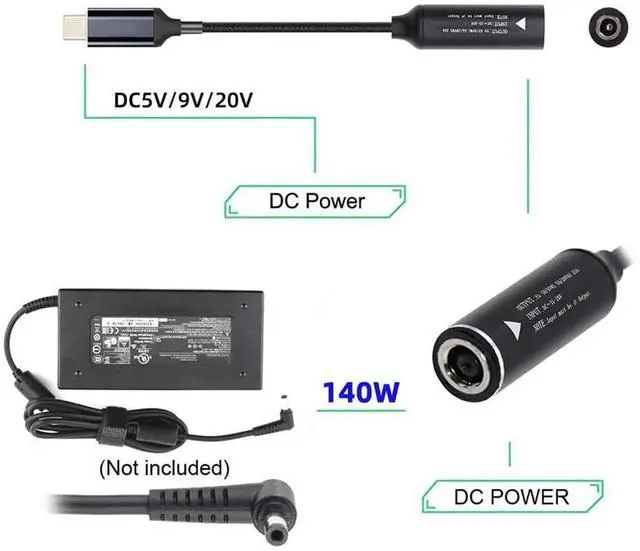 Alt view image 6 of 7 - DC 6.0x1.4mm Input to USB-C PD Braided Charging Cable 18cm, 140W 7A 5V 9V 20V Power Converter Cord for Laptop Phone Tablet