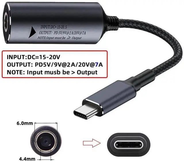Alt view image 5 of 7 - DC 6.0x1.4mm Input to USB-C PD Braided Charging Cable 18cm, 140W 7A 5V 9V 20V Power Converter Cord for Laptop Phone Tablet