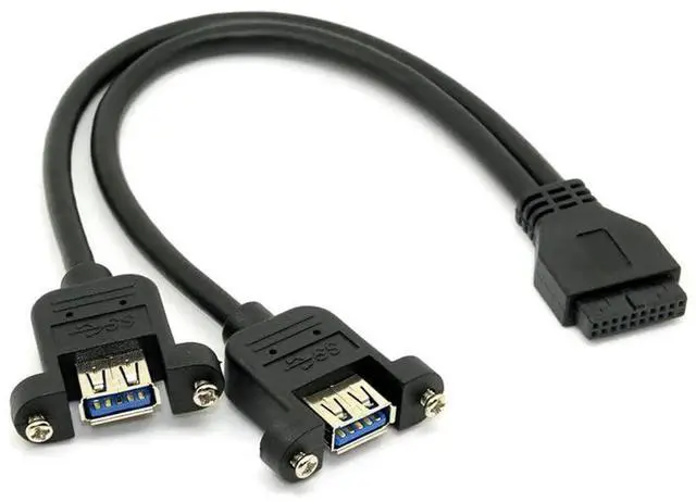 Main image of USB 3.0 Dual Ports A Female Screw Mount to Motherboard 20Pin Header Cable, Black 25CM Internal PC Extension Cord