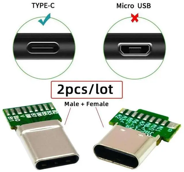 Alt view image 3 of 7 - 2Pcs/Lot USB 3.1 Type-C Male & Female Plug Socket, OEM DIY Solder Type USB-C Connector with PCB Board