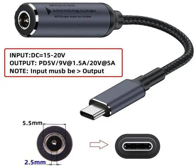 Alt view image 2 of 7 - 18cm Braided DC Jack 5.5X2.5mm to Type-C 100W PD Charging Cable, Support 5V 9V 18V 20V Power Supply for Laptop Phone