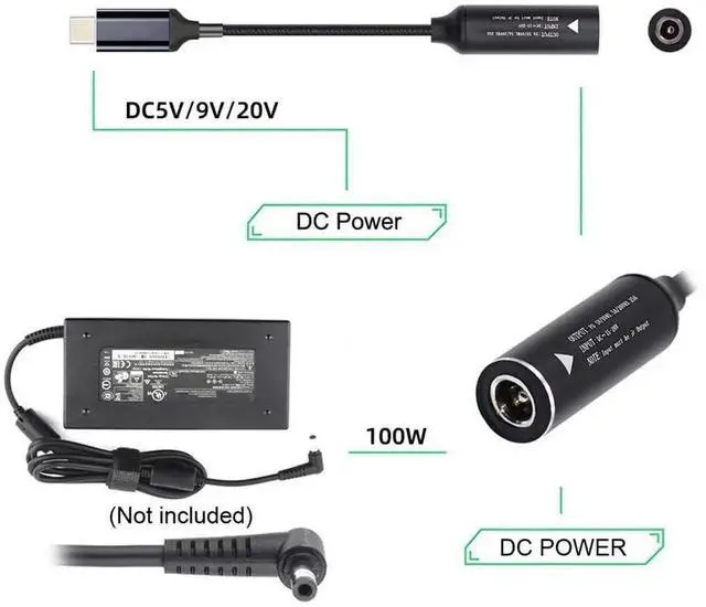 Alt view image 4 of 7 - 18cm Braided DC Jack 5.5X2.5mm to Type-C 100W PD Charging Cable, Support 5V 9V 18V 20V Power Supply for Laptop Phone