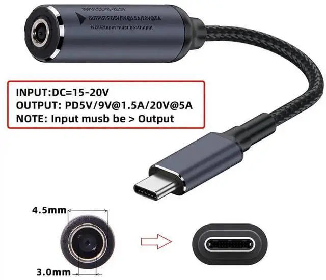 Alt view image 5 of 7 - 18cm Braided DC 4.5X3.0mm to Type-C 100W PD Charging Cable, 5V 9V 20V DC Jack Power Cord for Laptop Phone